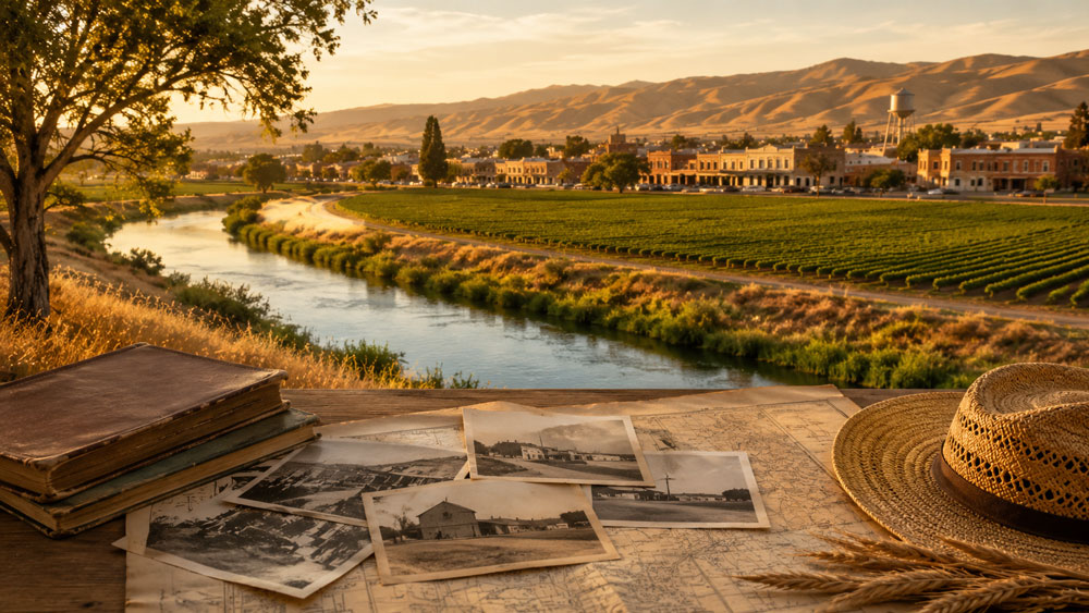 Golden-hour view of a river winding through farmland toward a small town with historic buildings and a water tower, seen from a wooden table holding old books, vintage photographs, a straw hat, and wheat stalks, symbolizing reflection on local history.