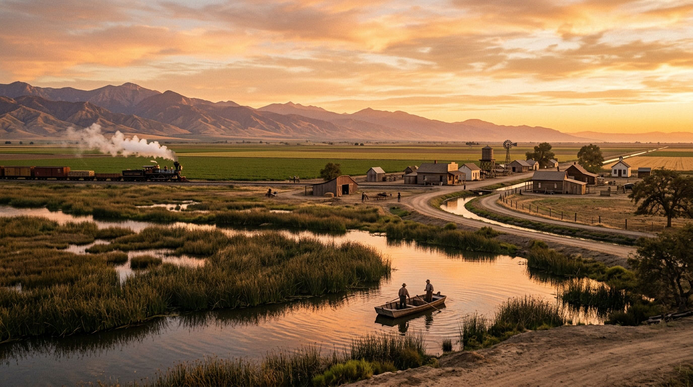 Historic Kings County California landscape with Tulare Lake, farmland, waterways, and early Central Valley development