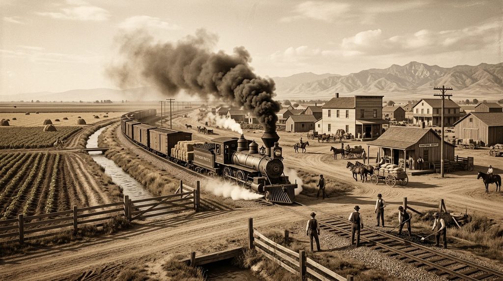 Historic railroad and farmland scene showing early development in Kings County California